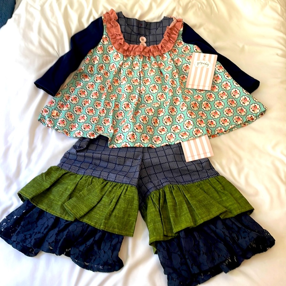 Persnickety, size 12-18mo. Top and bottom set. Blue, green, pink & cream.